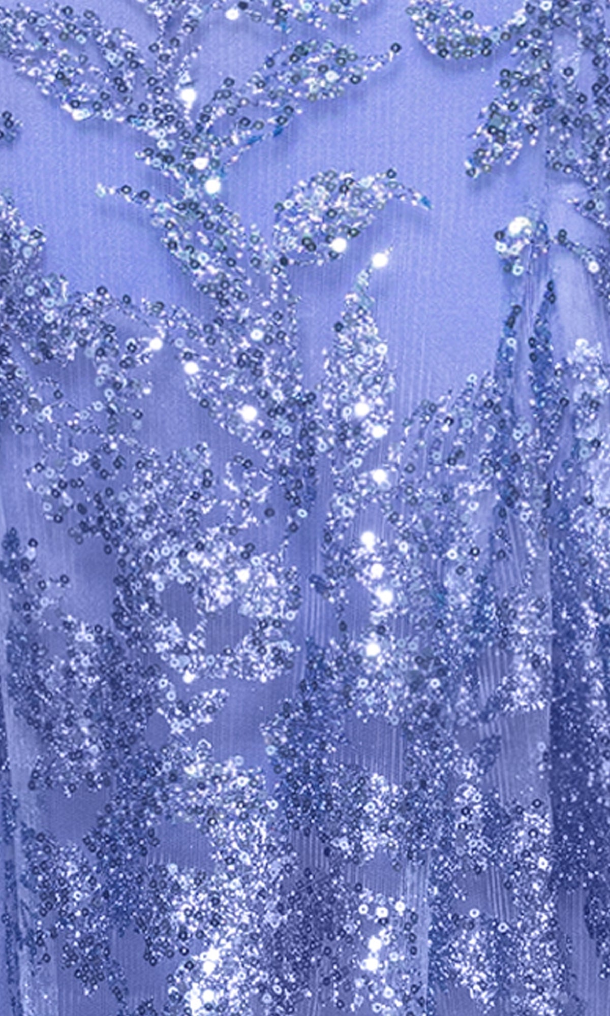 Close-up of a light purple fabric from the Blondie Nites 4501BN Long Sequin-Print Prom Dress, featuring glittering sequins and beaded floral patterns.